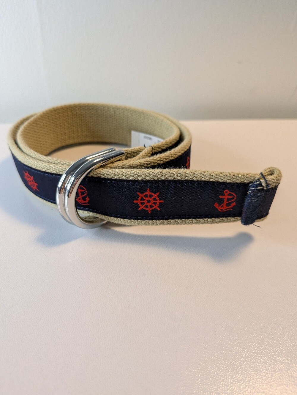 Nautical D-Ring Belt Navy Tan Anchor Ship Wheel Preppy Medium